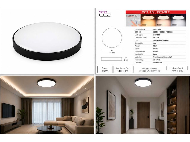 4 x led plafondlamp 40w – 3cct verstelbaar - zwart – ip20 – hazel-40 3cct - afbeelding 5 van  5