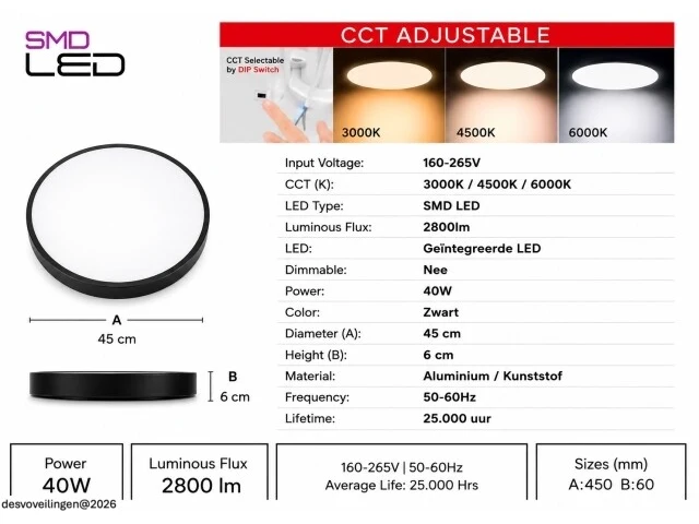 4 x led plafondlamp 40w – 3cct verstelbaar - zwart – ip20 – hazel-40 3cct - afbeelding 5 van  6