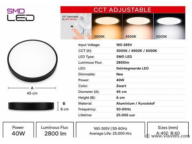 4 x led plafondlamp 40w – 3cct verstelbaar - zwart – ip20 – hazel-40 3cct - afbeelding 4 van  5