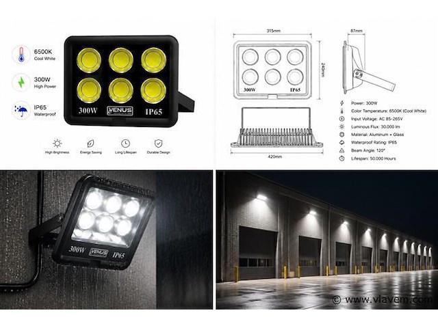 4 x led schijnwerper 300w – 6500k koud wit – ip65 – eyes-300 - afbeelding 5 van  5