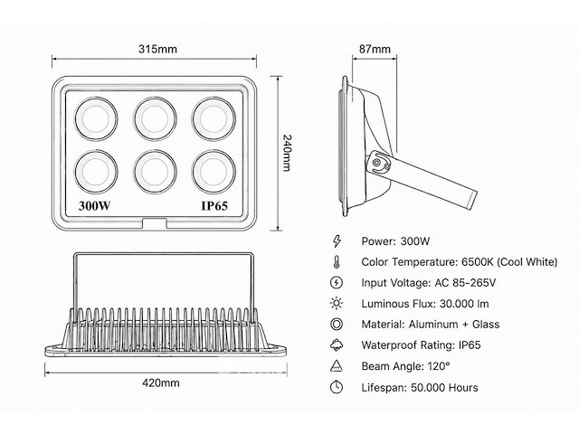 4 x led schijnwerper 300w – 6500k koud wit – ip65 – eyes-300 - afbeelding 5 van  6