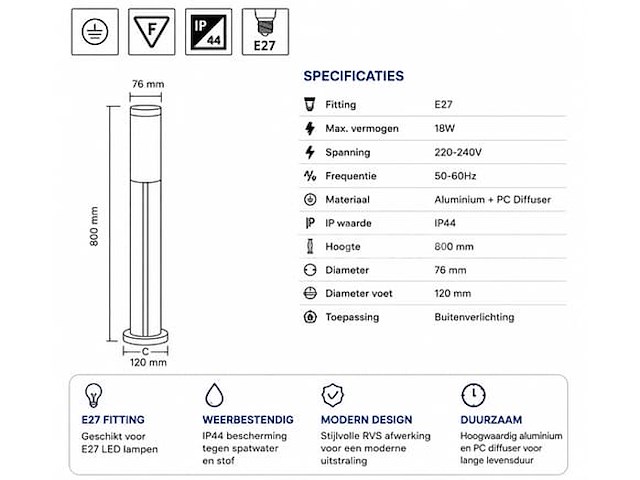 4 x led tuinlamp – e27 – ip44 – zwart – 80cm – buitenverlichting – kavak-5 - afbeelding 1 van  5