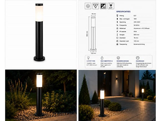 4 x led tuinlamp – e27 – ip44 – zwart – 80cm – buitenverlichting – kavak-5 - afbeelding 2 van  5