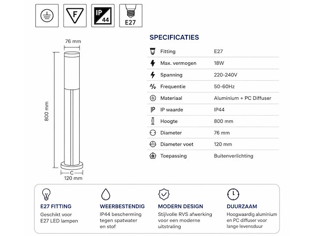 4 x led tuinlamp – e27 – ip44 – zwart – 80cm – buitenverlichting – kavak-5 - afbeelding 10 van  15