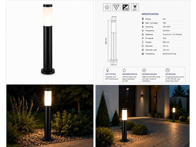 4 x led tuinlamp – e27 – ip44 – zwart – 80cm – buitenverlichting – kavak-5 - afbeelding 11 van  15