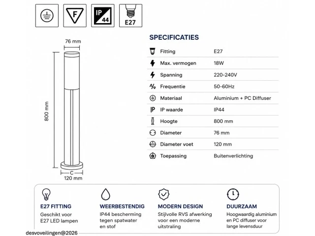 4 x led tuinlamp – e27 – ip44 – zwart – 80cm – buitenverlichting – kavak-5 - afbeelding 5 van  6