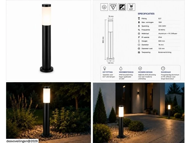 4 x led tuinlamp – e27 – ip44 – zwart – 80cm – buitenverlichting – kavak-5 - afbeelding 6 van  6