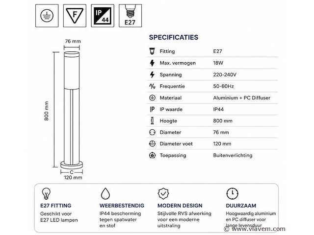 4 x led tuinlamp – e27 – ip44 – zwart – 80cm – buitenverlichting – kavak-5 - afbeelding 4 van  5