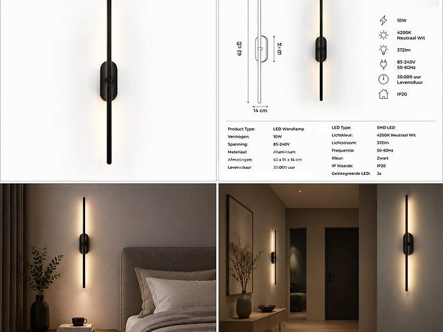 4 x led wandlamp 10w – 4200k neutraal wit - zwart – ip20 – salda-10 - afbeelding 3 van  5