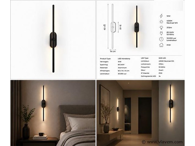 4 x led wandlamp 10w – 4200k neutraal wit - zwart – ip20 – salda-10 - afbeelding 5 van  5