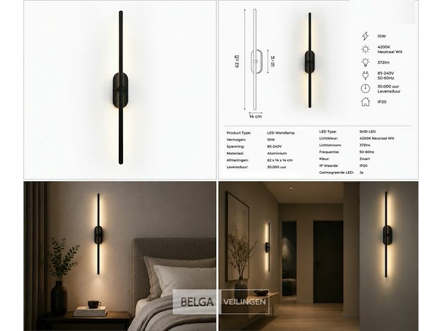 4 x led wandlamp 10w – 4200k neutraal wit - zwart – ip20 – salda-10 - afbeelding 6 van  6