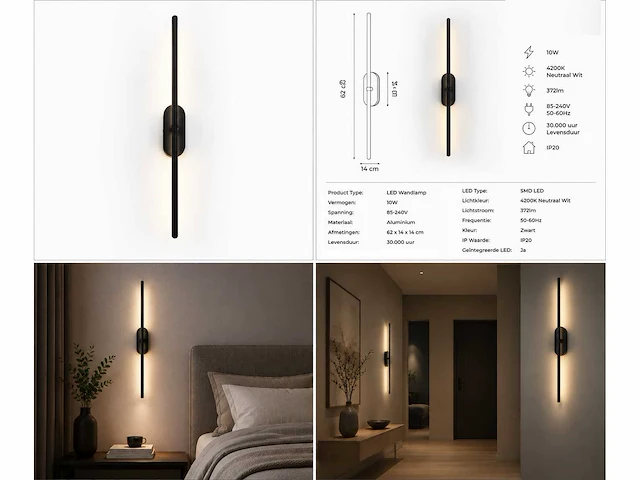 4 x led wandlamp 10w – 4200k neutraal wit - zwart – ip20 – salda-10 - afbeelding 11 van  15