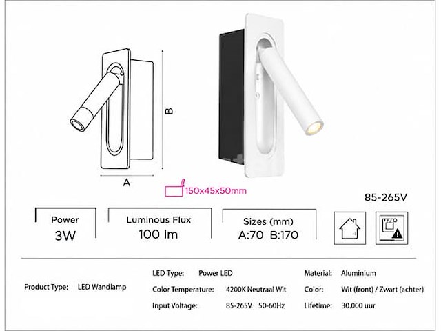 4 x led wandlamp 3w – 4200k neutraal wit - wit – ip20 – belek - afbeelding 1 van  5