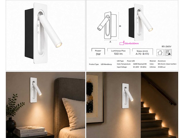 4 x led wandlamp 3w – 4200k neutraal wit - wit – ip20 – belek - afbeelding 13 van  17