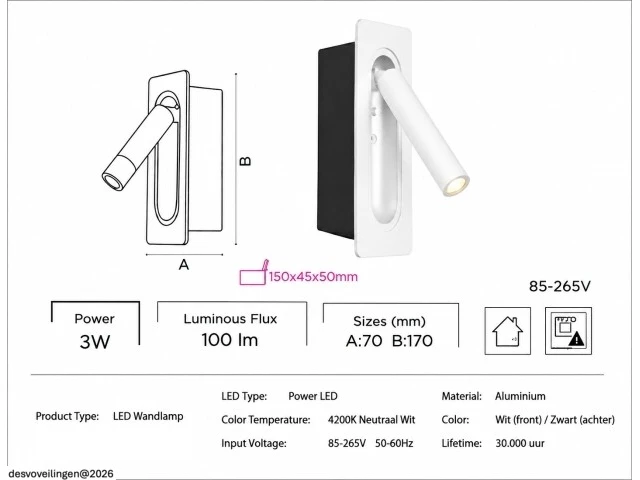 4 x led wandlamp 3w – 4200k neutraal wit - wit – ip20 – belek - afbeelding 5 van  6