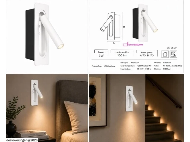 4 x led wandlamp 3w – 4200k neutraal wit - wit – ip20 – belek - afbeelding 6 van  6
