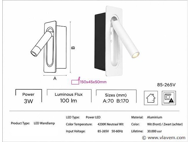 4 x led wandlamp 3w – 4200k neutraal wit - wit – ip20 – belek - afbeelding 4 van  5