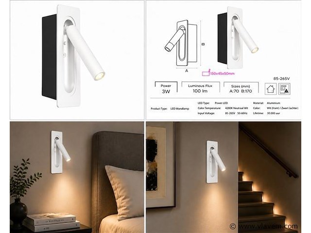 4 x led wandlamp 3w – 4200k neutraal wit - wit – ip20 – belek - afbeelding 5 van  5