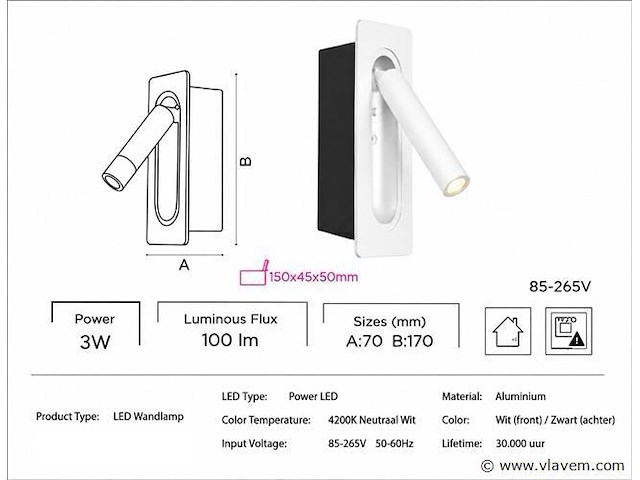 4 x led wandlamp 3w – 4200k neutraal wit - wit – ip20 – belek - afbeelding 4 van  5