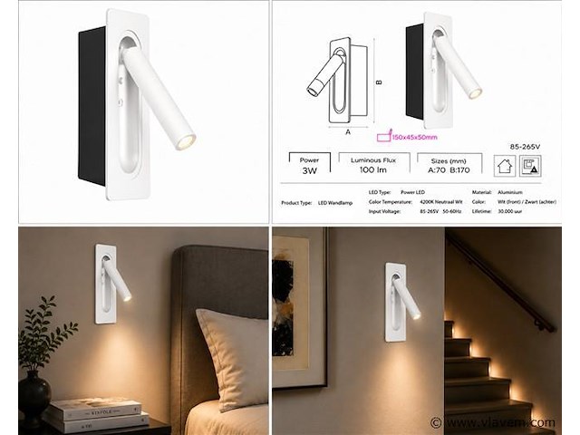 4 x led wandlamp 3w – 4200k neutraal wit - wit – ip20 – belek - afbeelding 5 van  5