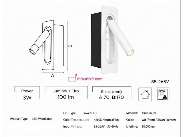 4 x led wandlamp 3w – 4200k neutraal wit - wit – ip20 – belek - afbeelding 5 van  6
