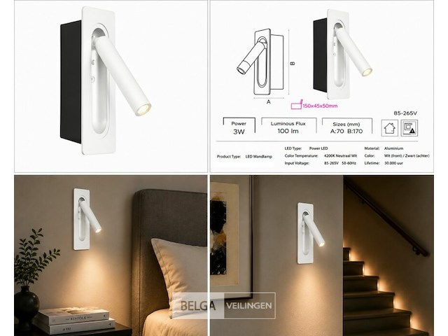 4 x led wandlamp 3w – 4200k neutraal wit - wit – ip20 – belek - afbeelding 6 van  6