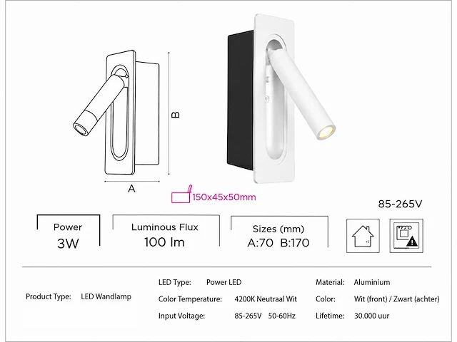 4 x led wandlamp 3w – 4200k neutraal wit - wit – ip20 – belek - afbeelding 12 van  17
