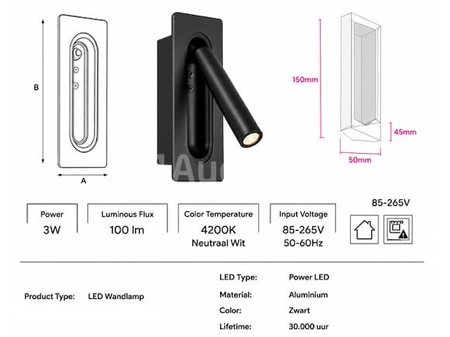 4 x led wandlamp 3w – 4200k neutraal wit - zwart – ip20 – belek - afbeelding 4 van  5