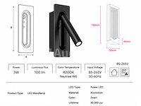 4 x led wandlamp 3w – 4200k neutraal wit - zwart – ip20 – belek - afbeelding 4 van  5
