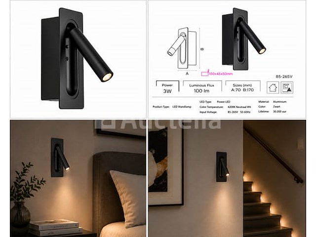 4 x led wandlamp 3w – 4200k neutraal wit - zwart – ip20 – belek - afbeelding 5 van  5