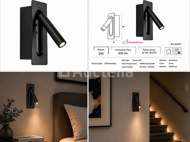 4 x led wandlamp 3w – 4200k neutraal wit - zwart – ip20 – belek - afbeelding 1 van  5
