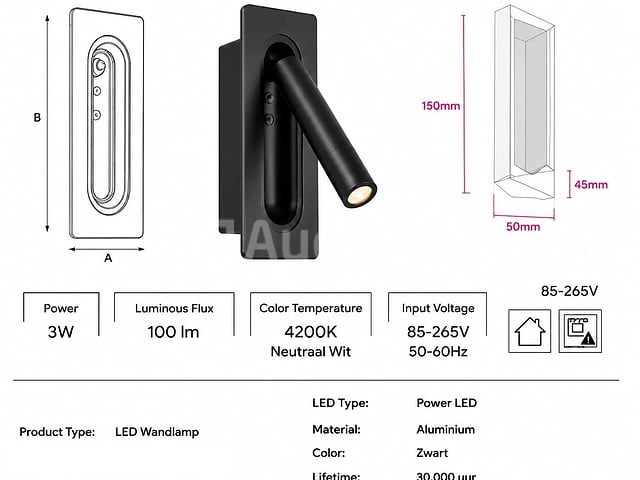 4 x led wandlamp 3w – 4200k neutraal wit - zwart – ip20 – belek - afbeelding 3 van  5