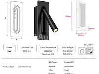 4 x led wandlamp 3w – 4200k neutraal wit - zwart – ip20 – belek - afbeelding 3 van  5