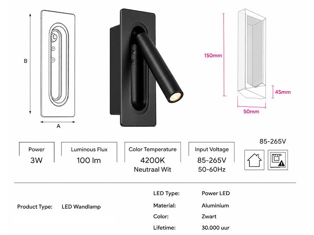 4 x led wandlamp 3w – 4200k neutraal wit - zwart – ip20 – belek - afbeelding 2 van  3