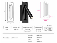 4 x led wandlamp 3w – 4200k neutraal wit - zwart – ip20 – belek - afbeelding 2 van  3