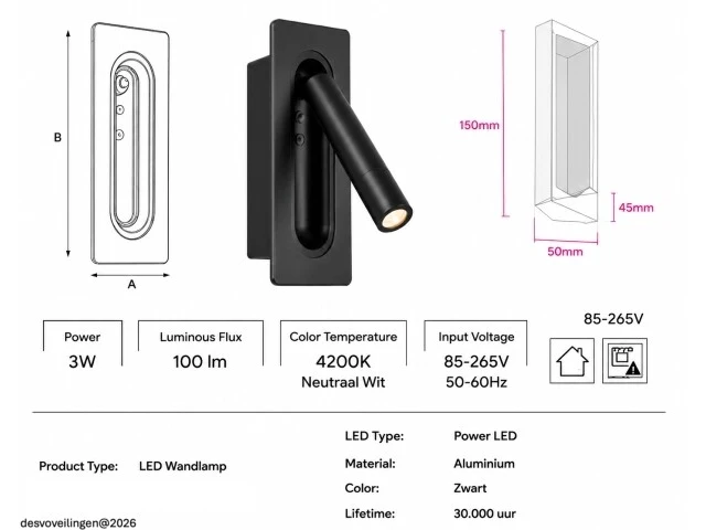 4 x led wandlamp 3w – 4200k neutraal wit - zwart – ip20 – belek - afbeelding 5 van  6