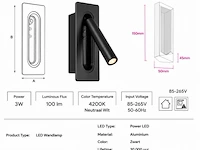 4 x led wandlamp 3w – 4200k neutraal wit - zwart – ip20 – belek - afbeelding 5 van  6