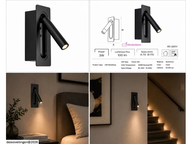 4 x led wandlamp 3w – 4200k neutraal wit - zwart – ip20 – belek - afbeelding 6 van  6