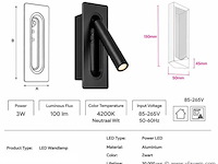 4 x led wandlamp 3w – 4200k neutraal wit - zwart – ip20 – belek - afbeelding 4 van  5