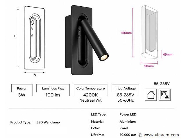 4 x led wandlamp 3w – 4200k neutraal wit - zwart – ip20 – belek - afbeelding 4 van  5
