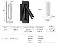 4 x led wandlamp 3w – 4200k neutraal wit - zwart – ip20 – belek - afbeelding 4 van  5
