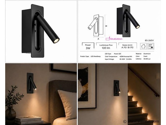 4 x led wandlamp 3w – 4200k neutraal wit - zwart – ip20 – belek - afbeelding 5 van  5