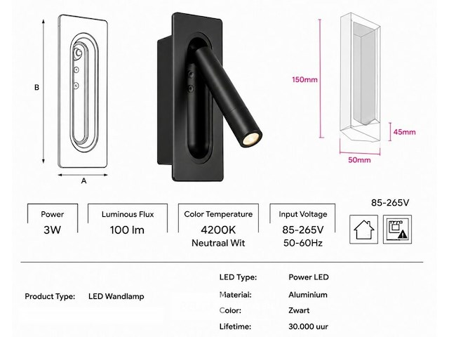4 x led wandlamp 3w – 4200k neutraal wit - zwart – ip20 – belek - afbeelding 5 van  6