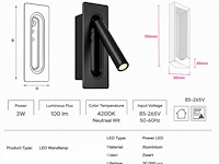 4 x led wandlamp 3w – 4200k neutraal wit - zwart – ip20 – belek - afbeelding 5 van  6