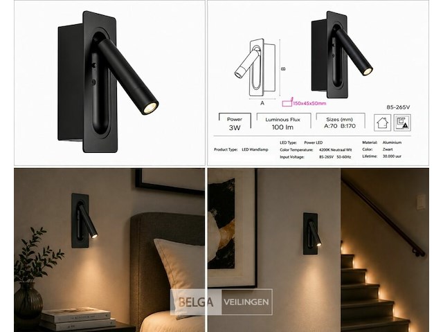 4 x led wandlamp 3w – 4200k neutraal wit - zwart – ip20 – belek - afbeelding 6 van  6