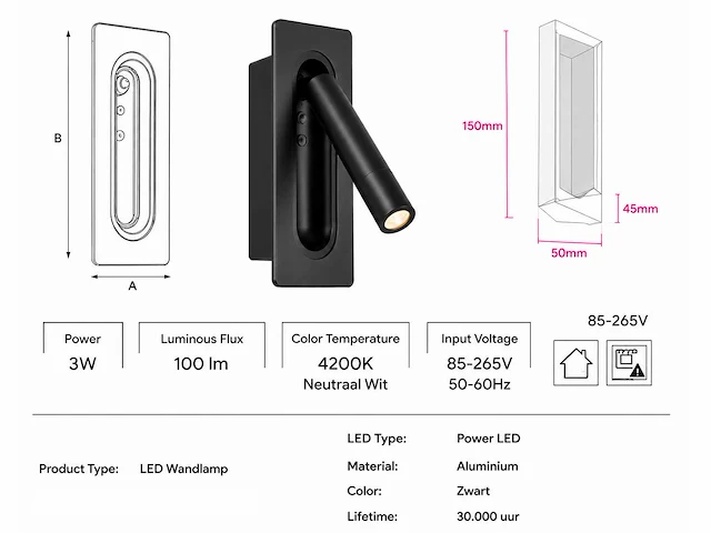 4 x led wandlamp 3w – 4200k neutraal wit - zwart – ip20 – belek - afbeelding 6 van  15
