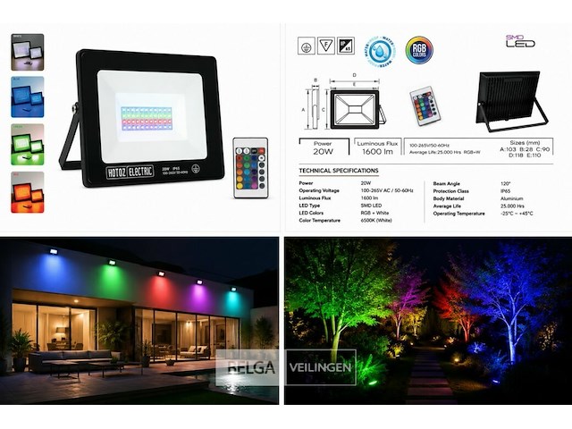 4 x rgb led floodlight 20w - zwart – ip65 – remix-20 - afbeelding 6 van  6