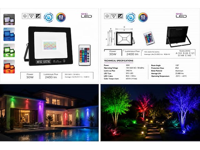 4 x rgb led floodlight 30w - zwart – ip65 – remix-30 - afbeelding 4 van  5