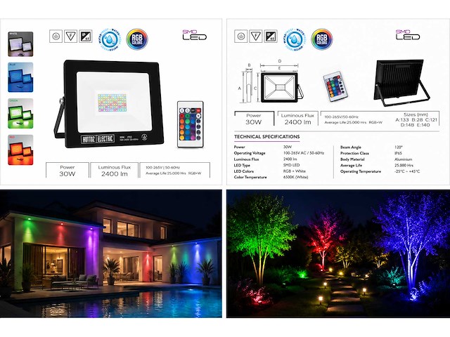 4 x rgb led floodlight 30w - zwart – ip65 – remix-30 - afbeelding 3 van  3