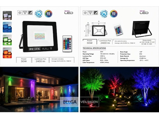 4 x rgb led floodlight 30w - zwart – ip65 – remix-30 - afbeelding 6 van  6